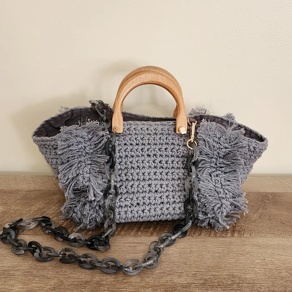 Monserat DeLucca Cable Knit Woven Slouch Hobo Purse Acrylic Crossbody Strap Grey - Picture 2 of 12
